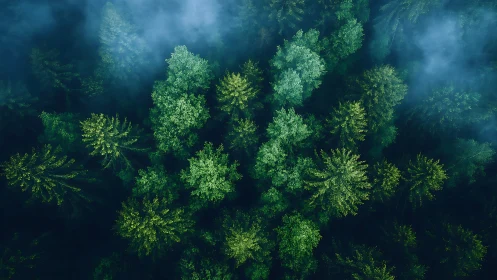 Lush green forest canopy in morning mist, aerial nature photography.