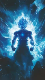 Celestial warrior ignites a blazing blue cosmic aura.