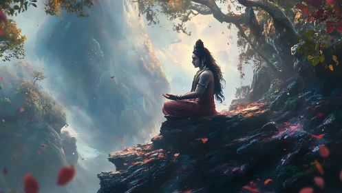Meditating deity rests on a misty cliff in glowing forest.