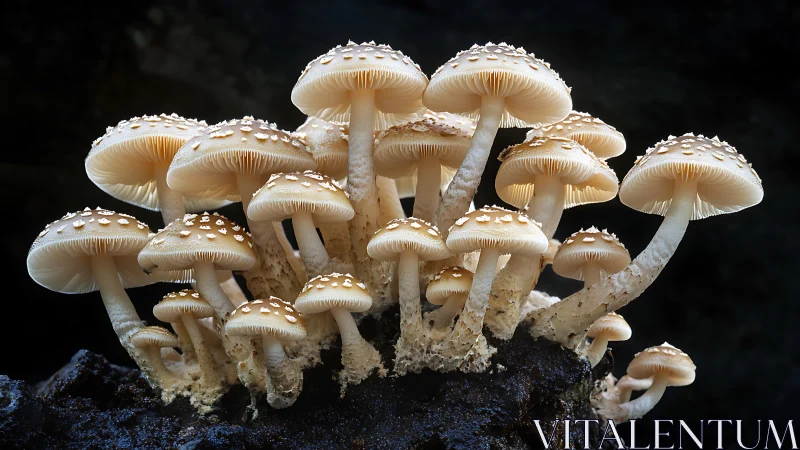 Glowing forest mushrooms rise together in a soft, silver light