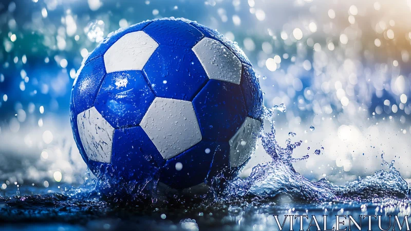Stormlit blue soccer ball skips through silver rain bursts