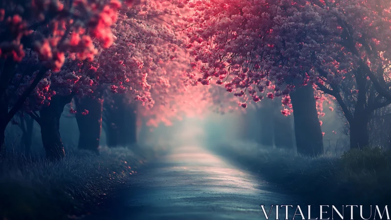 Tree-lined road with dense pink blossoms in soft foggy light.