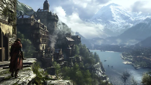 Rogue overlooking riverside medieval city and snowy peaks.