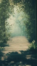 Forest pathway with wooden bridge and dappled light through canopy