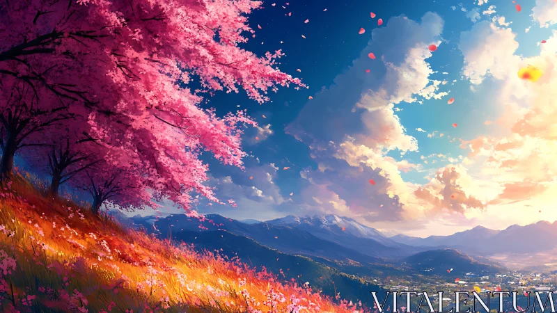 Blooming cherry hillside overlooks distant valley and mountains