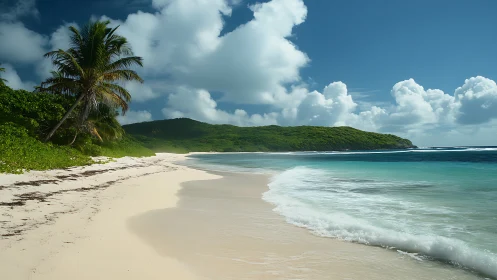 Tropical Beach with Palm Tree and Forested Coastline