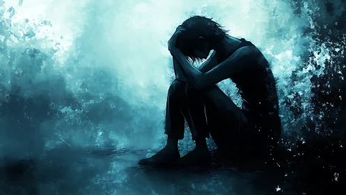 Silhouetted figure seated against abstract blue environment.