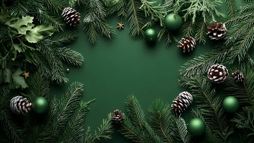 Fir branches and pinecones form a centered green frame