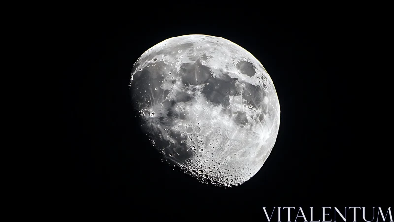 Detailed waxing gibbous Moon against deep black sky.