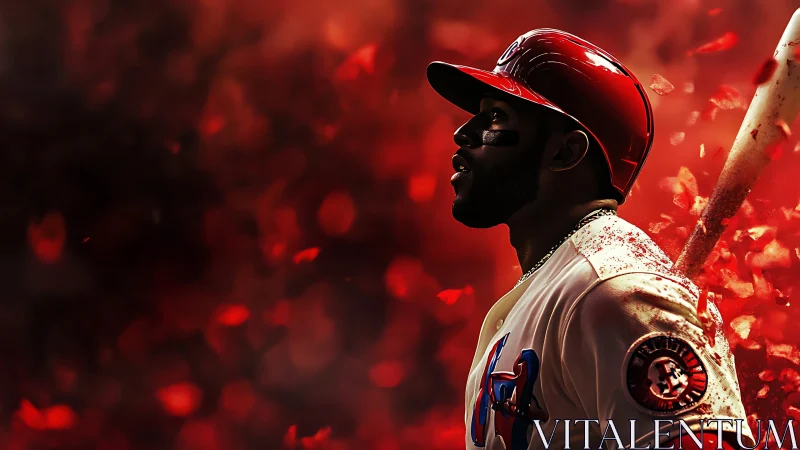 Baseball batter in red helmet against abstract red background.