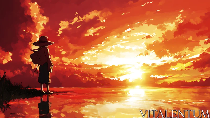 Straw hat drifter watching a wildfire sunset ignite water.