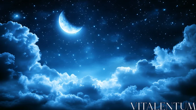 Crescent moon hangs above dense illuminated night clouds