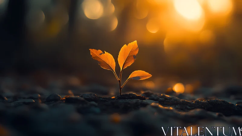 Young plant sprout glowing in warm sunrise light, macro nature photo.