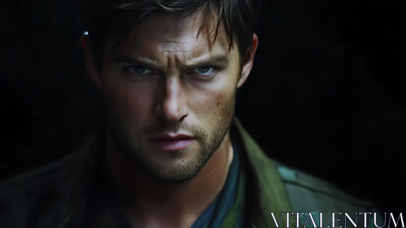 Brooding soldier portrait under dramatic low key lighting.