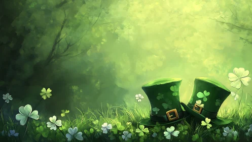 Green top hats and clover field in diffuse forest light.