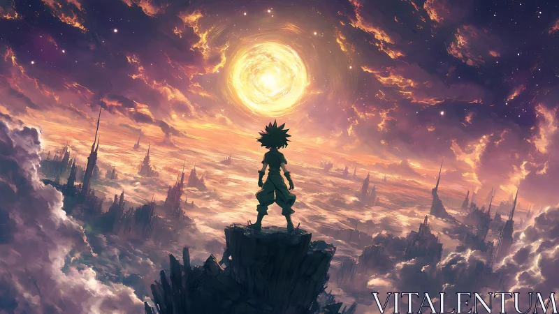 Celestial wanderer overlooking luminous cloud megacity.