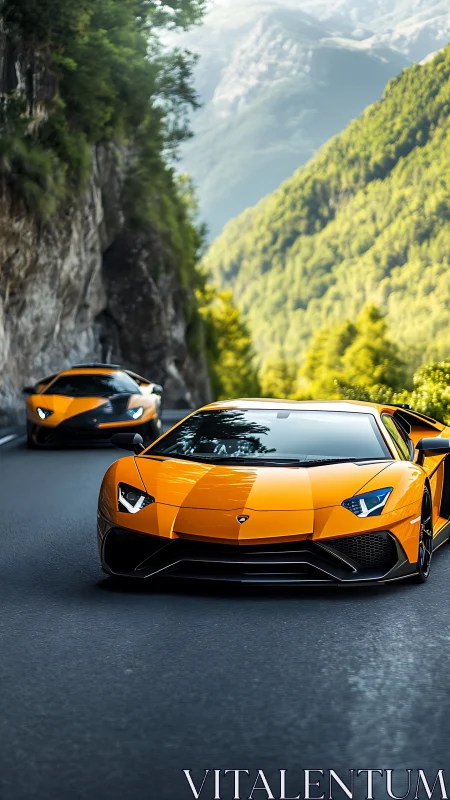 Orange supercars carve narrow mountain pass at speed