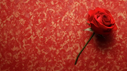 Red Rose Against Damask Pattern Background.