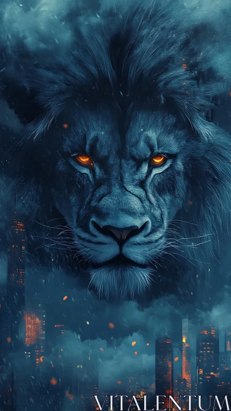 Nocturnal ember-eyed lion crowned above stormlit cityscape.