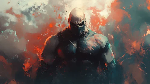 Armored antihero emerges from abstract inferno in chiaroscuro