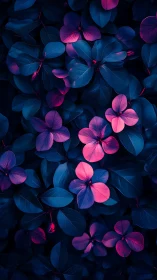 Neon-lit botanical composition with layered foliage.