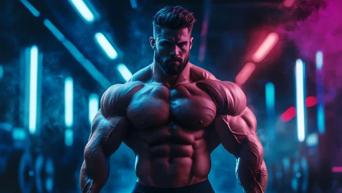 Muscular male bodybuilder stands in neon lit gym interior