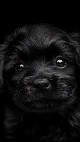Glossy black puppy portrait glows against dark background.