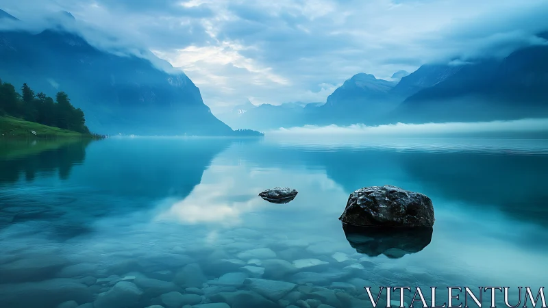 Mountain lake reflects misty peaks under soft blue dawn