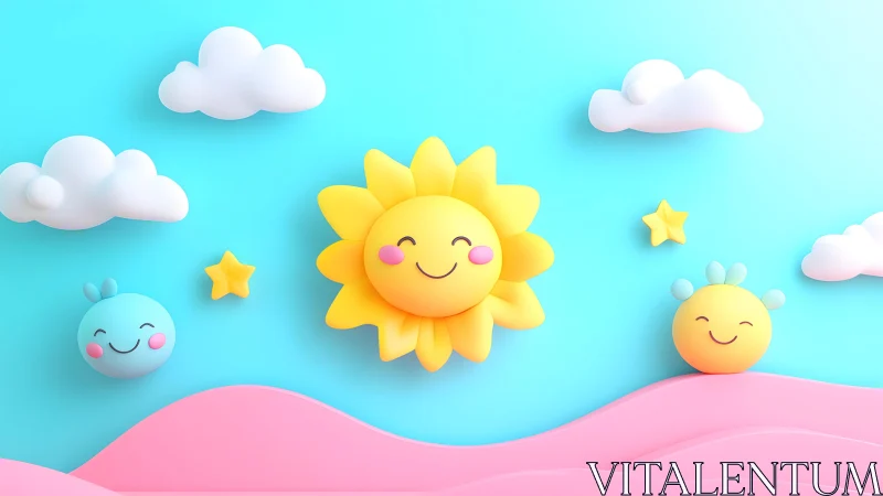 Cute Cartoon Sun and Clouds in Playful Pastel 3D Illustration.