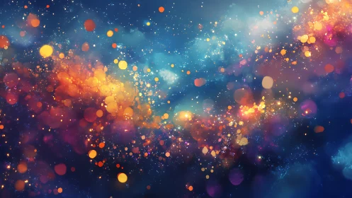 Colorful abstract nebula with scattered glowing particles.