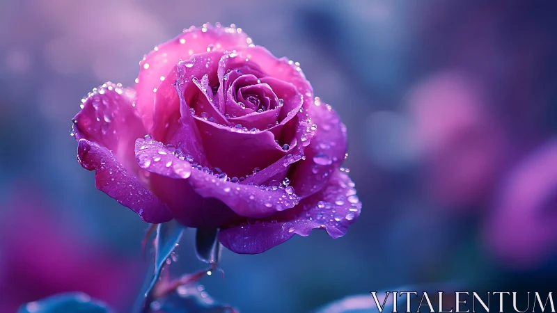 Magenta Rose with Dewdrops in Soft Focus.