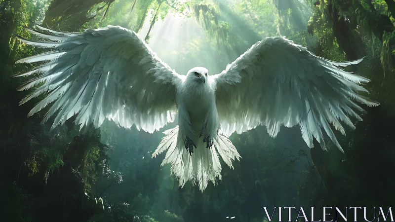 Majestic White Eagle Soaring in Enchanted Forest, Fantasy Art.
