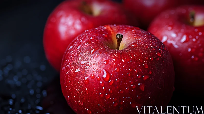 Macro optical study of dewy red apples under hard lighting.
