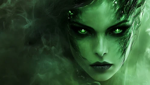 Emerald spectral sorceress portrait with luminous eyes.