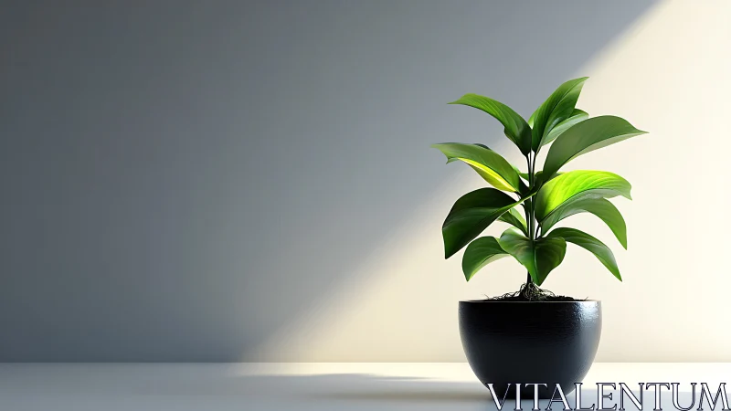 Directional daylight on glossy-potted tropical foliage study.