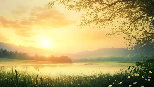 Golden morning sun welcomes a peaceful lakeside meadow