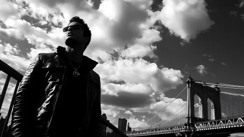 Brooding figure in leather jacket overlooks city bridge dramatically.