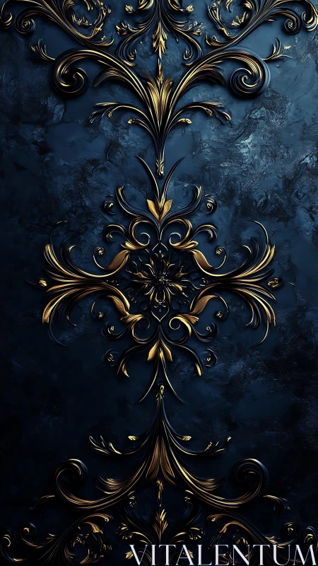 Ornate gold baroque filigree emerges from textured blue marble