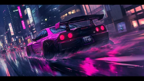 Modified sports car on wet neon city street at night.