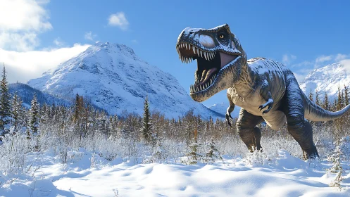 Snow covered T. rex roaring in bright alpine valley.