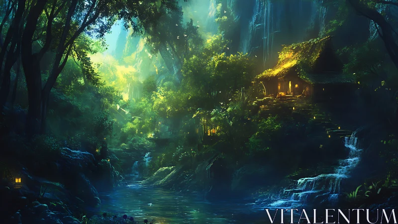 Enchanted Forest Canyon with Glowing Dwelling.