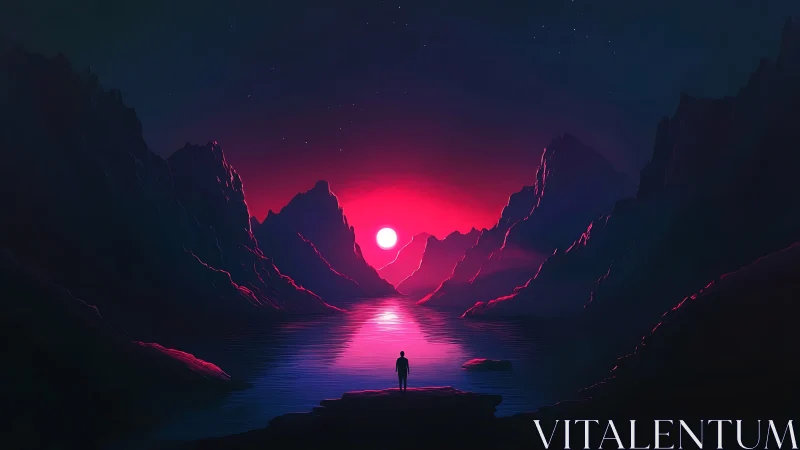 Neon horizon landscape with silhouetted figure and mirrored sun glow.