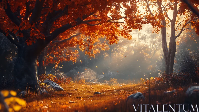 Autumnal Gateway: Gilded Canopy Whispers Through Ember Mist.