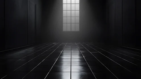 Dark tiled interior hallway with central window light.