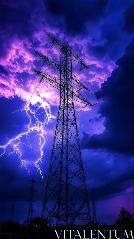 High-voltage transmission tower under lightning strike event.