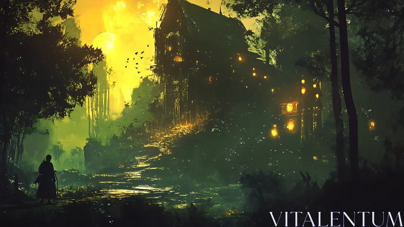 Wanderer approaches glowing forest manor under sickle moon.