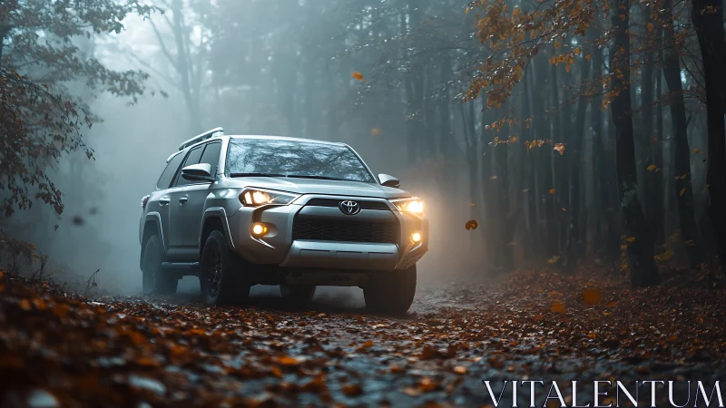 Silver SUV cuts through misty autumn forest trail.
