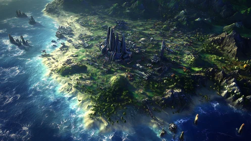 Coastal exoplanet megacity with stratified luminous habitats.