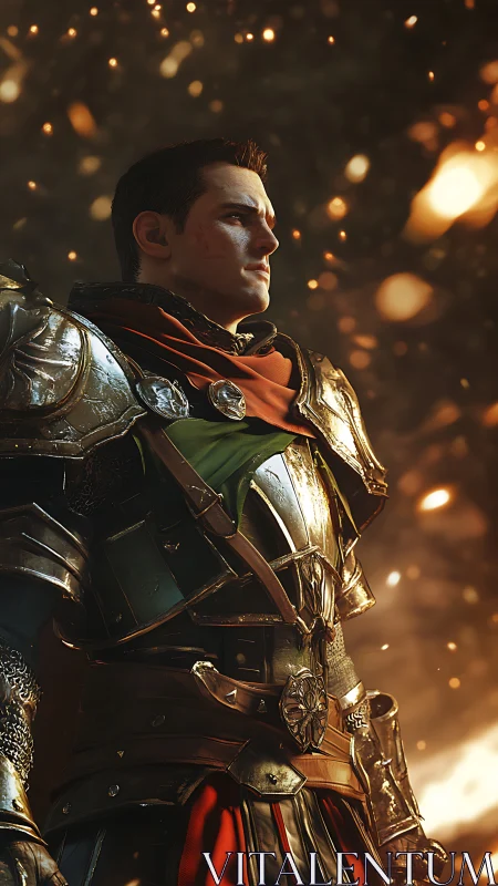 Armored knight stands in glowing embers and golden light