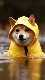 Small dog wearing yellow raincoat stands in shallow water